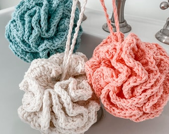 Bath Shower Pouf, Crocheted Cotton, Durable Washable Eco Friendly