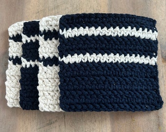 Square Coasters (Set of 4), Navy Blue White French Stripes, Crocheted Cotton