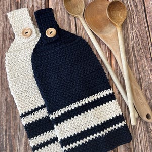Hanging Kitchen Tea Towel, Crocheted Cotton Hand Towel, Navy and White French Stripe, Classic French Farmhouse, Durable Eco Friendly