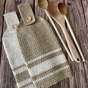 Hanging Kitchen Tea Towel, Crochet Cotton Hand Towel, Jute Beige White Stripes, Neutral Durable Eco Friendly