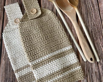 Hanging Kitchen Tea Towel: Crochet, Cotton, Beige and White Striped - US Tariff Free