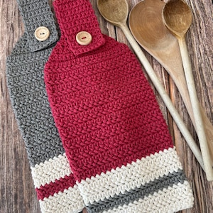 Hanging Kitchen Tea Towel, Crocheted Cotton Hand Towel, Cottagecore Farmhouse Canadiana, Grey Red White Stripes, Durable Eco Friendly