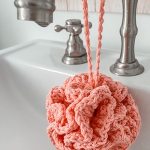 Bath Shower Pouf, Crocheted Cotton, Durable Washable Eco Friendly Coral Rose