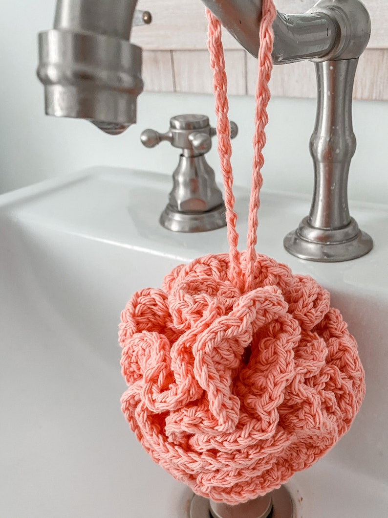 Bath Shower Pouf, Crocheted Cotton, Durable Washable Eco Friendly Coral Rose