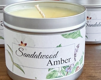 Soy Wax Candle: Hand Poured Candle, 8 oz Tin, Sandalwood Amber - US Duty Free