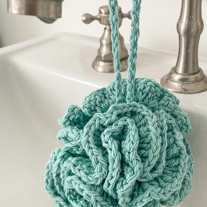 Bath Shower Pouf, Crocheted Cotton, Durable Washable Eco Friendly Teal