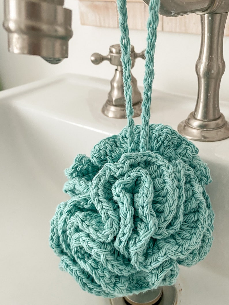 Bath Shower Pouf, Crocheted Cotton, Durable Washable Eco Friendly Teal