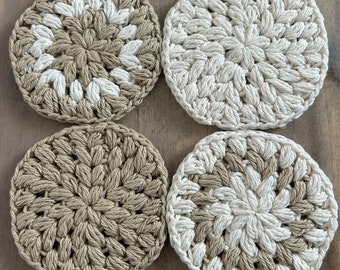 Round Coasters (Set of 4), Taupe White, Crocheted Cotton - US Tariff Free