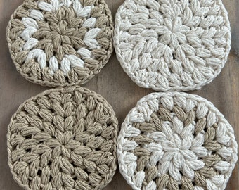 Round Coasters (Set of 4), Taupe White, Crocheted Cotton