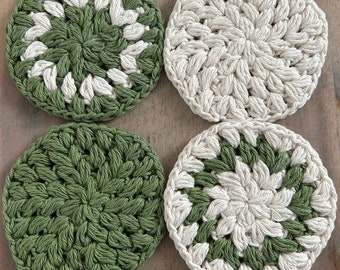 Crocheted Round Coasters (Set of 4), Sage Green White - US Tariff Free