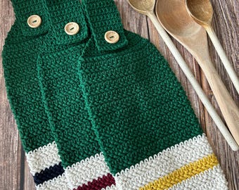 Hanging Kitchen Tea Towel: Crochet, Cotton, Jewel Tone Green, Collegiate Decor - US Tariff Free