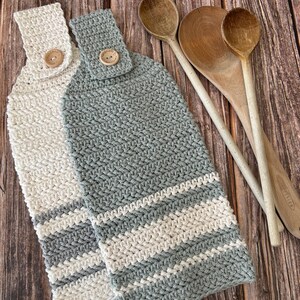 Hanging Kitchen Tea Towel, Crocheted Cotton Hand Towel, Grey White Stripes, Neutral Durable Eco Friendly