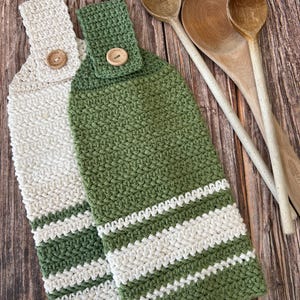 Hanging Kitchen Tea Towel, Crochet Cotton Hand Towel, Sage Green White Stripes, Neutral Durable Eco Friendly