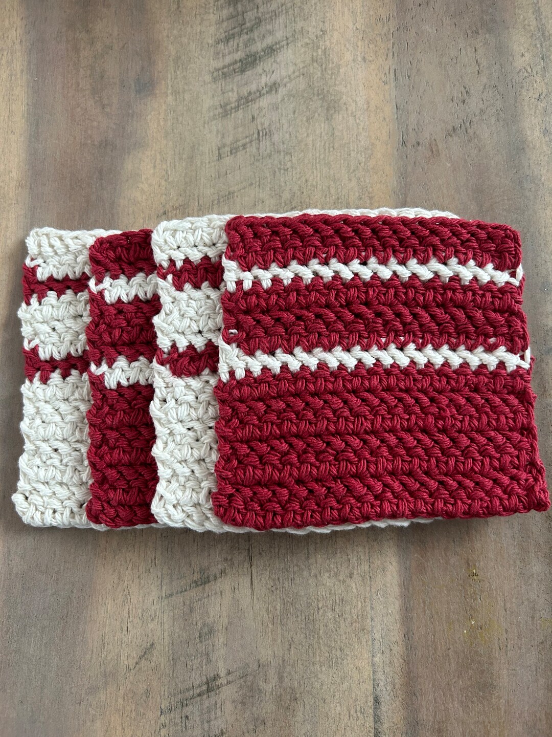 Square Coasters (set of 4), Red White French Stripes, Crocheted Cotton ...