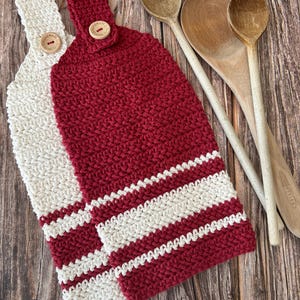 Hanging Kitchen Tea Towel, Crocheted Cotton Hand Towel, Red White Stripes, Classic French Farmhouse, Durable Eco Friendly
