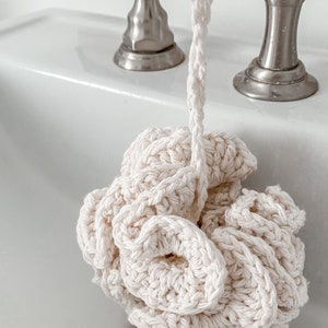 Bath Shower Pouf, Crocheted Cotton, Durable Washable Eco Friendly Off White