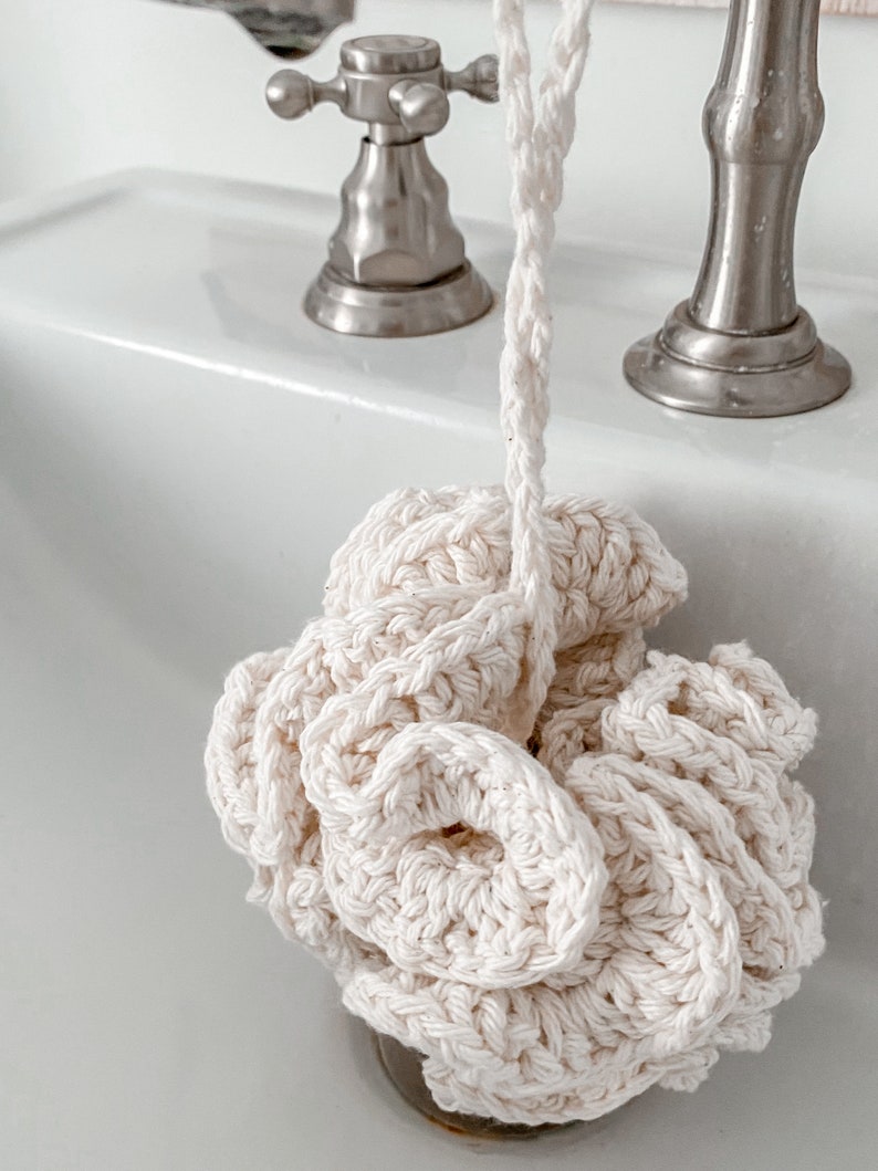 Bath Shower Pouf, Crocheted Cotton, Durable Washable Eco Friendly Off White