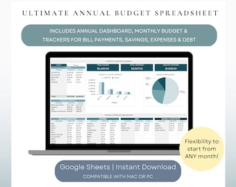 Ultimate Annual Budget Spreadsheet | Yearly and Monthly Budget, includes Expense, Debt, Savings and Bill Payment Trackers (Blue)