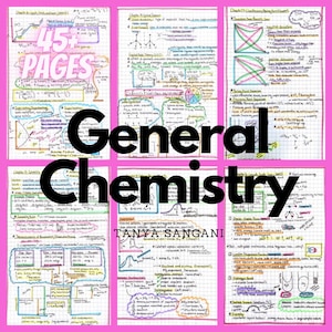 Puede incluir: Un collage de notas escritas a mano en papel rosa con el título "Química general" en texto negro. Las notas cubren varios temas, incluyendo solubilidad, líquidos, sólidos y gases. Las notas están organizadas en capítulos e incluyen diagramas, gráficos y ecuaciones.
