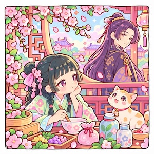 May include: An illustration featuring two figures in traditional attire amidst cherry blossoms. One figure with dark hair in braids sits at a table with a bowl, a small cat, and jars. A second figure with long purple hair stands behind a wooden railing.