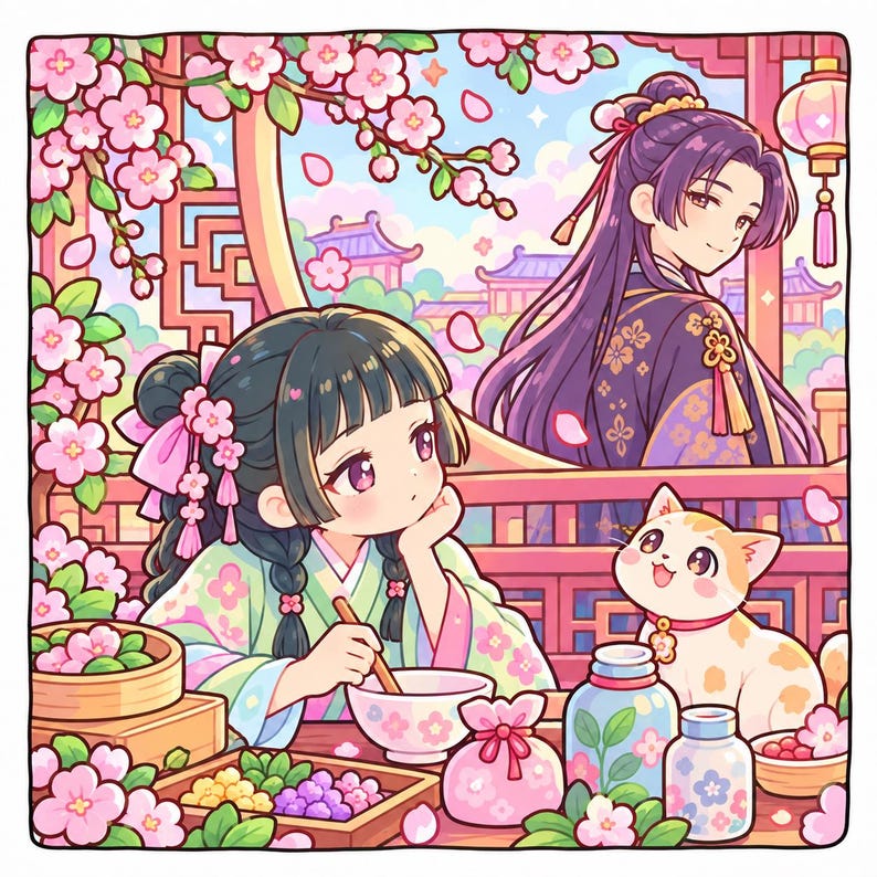 May include: An illustration featuring two figures in traditional attire amidst cherry blossoms. One figure with dark hair in braids sits at a table with a bowl, a small cat, and jars. A second figure with long purple hair stands behind a wooden railing.