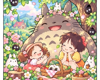 May include: A large grey creature with a flower crown sits behind two children having a picnic. A woven basket contains rice balls, while small white creatures, black soot sprites, and pink blossoms surround them in a lush green landscape.