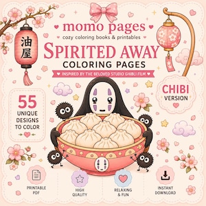 Może przedstawiać: Cyfrowa okładka kolorowanki zatytułowana momo pages Spirited Away Coloring Pages zawierająca 55 unikalnych wzorów. Ilustracja przedstawia postać trzymającą miskę pierożków w otoczeniu duszków sadzy, kwiatów wiśni oraz lampionów.