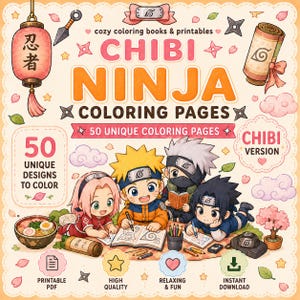 Może przedstawiać: Cyfrowa okładka kolorowanki zatytułowana Chibi Ninja Coloring Pages z czterema ilustrowanymi postaciami chibi rysującymi w książkach. Projekt zawiera różowy lampion, zwój, miskę ramen oraz tekst 50 unique coloring pages.