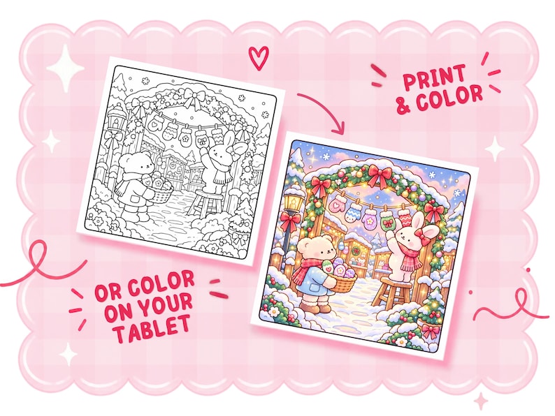 2 Rabbits Color Pages Mittens Market Coloring Book | 30 Cozy Christmas Market Coloring Pages ...