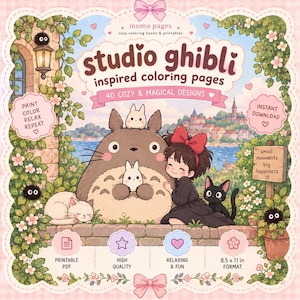 以下が含まれることがあります： 「Studio Ghibli inspired coloring pages」と題された40種類の魔法のようなデザインを含むデジタル塗り絵の表紙。大きな灰色の生き物、赤いリボンの女の子、黒猫、白いウサギが描かれています。21.6 x 27.9 cmのフォーマットです。