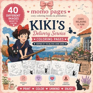 May include: A digital colouring book cover titled Kiki's Delivery Service featuring a young character with a black cat on a broomstick, a coastal town background, and five black and white colouring page samples with text including 40 different images.