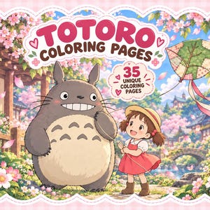 以下が含まれることがあります： TOTORO COLORING PAGESおよび35 UNIQUE COLORING PAGESというテキストが書かれたデジタルイラスト。大きな灰色のトトロと、赤いドレスと麦わら帽子をかぶって凧を持っている子供が、桜の咲く庭園にいる様子が描かれています。
