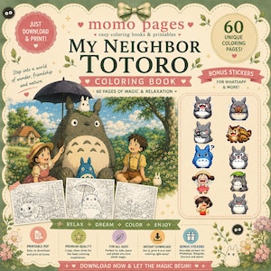 My Neighbor Totoro Coloring Book – 60 Pages Studio Ghibli Line Art (Digital Download)