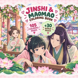 May include: A coloring book titled Jinshi & Maomao featuring an anime-style illustration of two characters in traditional clothing near a lotus pond. The cover text indicates 105 coloring pages and 30 bonus pages, surrounded by pink cherry blossoms.