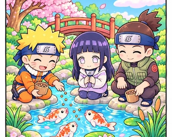 May include: A colorful anime-style illustration featuring three characters with spiky blonde, dark purple, and brown hair, wearing headbands with a spiral symbol, kneeling by a pond and feeding orange and white koi fish with small brown pellets.