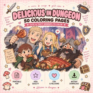Könnte beinhalten: Ein digitales Malbuch-Cover mit dem Titel Delicious in Dungeon mit 50 Malvorlagen. Die Illustration zeigt vier Fantasy-Charaktere, die eine große gebratene Mahlzeit in einem Dungeon essen, umgeben von Symbolen eines Schwerts, eines Topfes und einer Schatztruhe.