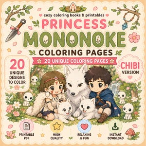 以下が含まれることがあります： 「Princess Mononoke Coloring Pages」と題されたデジタル塗り絵の表紙。ちびキャラ風の少女、少年、大きな白いオオカミ、2匹のオオカミの子が、小さな白い精霊や短剣、クリスタルが描かれた森の中にいるイラスト。