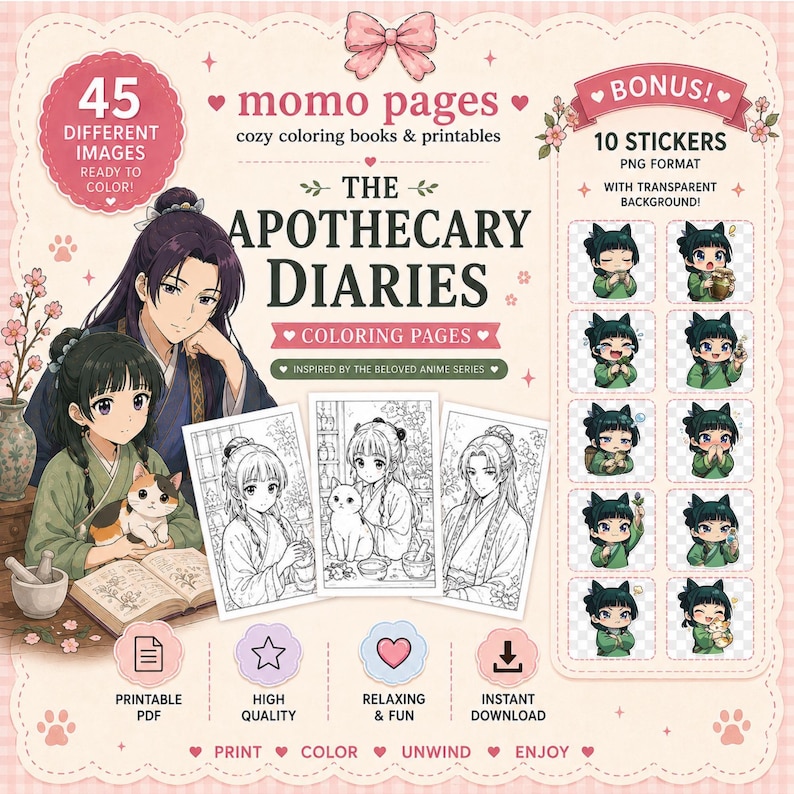 The Apothecary Diaries Coloring Book | 45 Anime Coloring Printable Pages (Digital Download) + 10 Apothecary diaries stickers BONUS