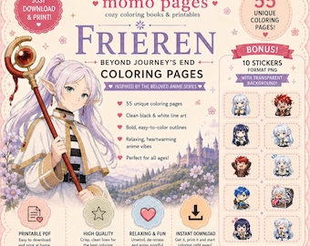 Frieren Beyond Journey's End Anime Coloring pages – 55 Fantasy Scenes (PDF Download) + BONUS 10 Frieren stickers