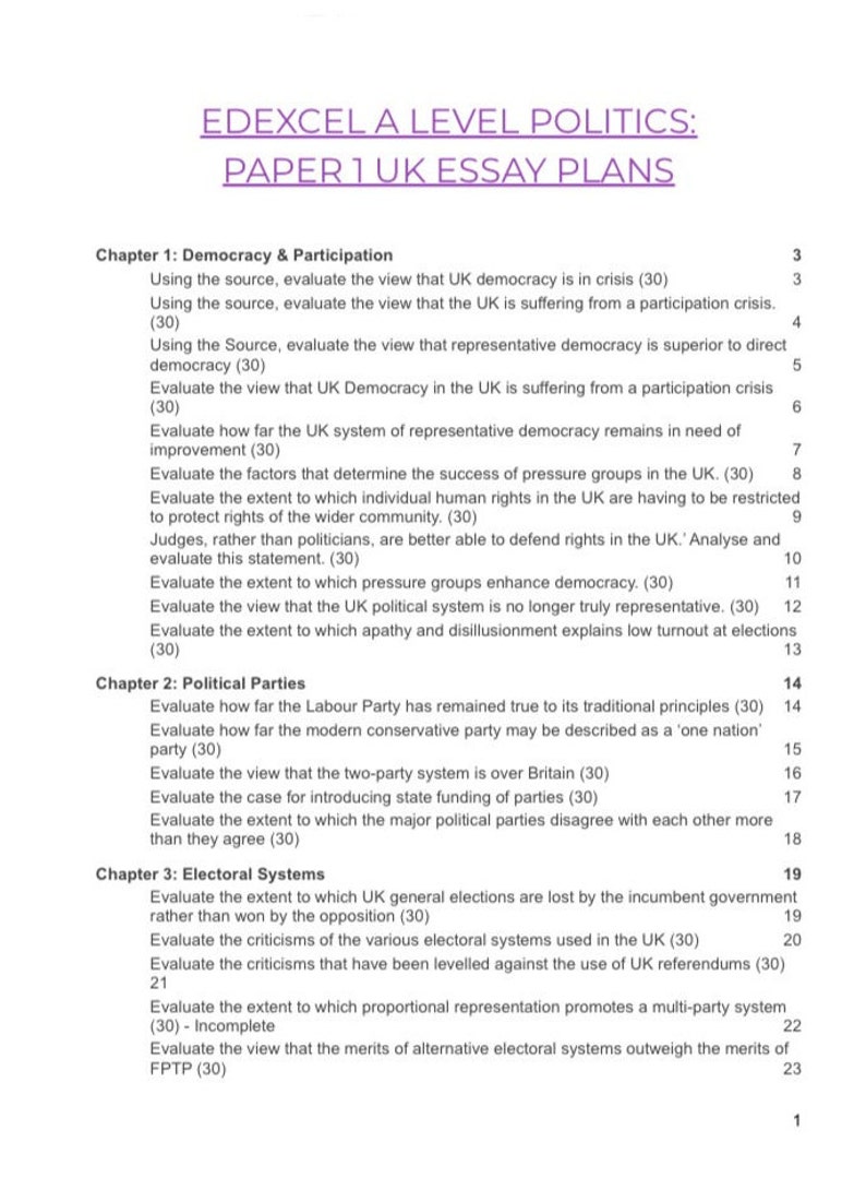 Edexcel A Level Politics: PAPER 1 ESSAY PLANS - Etsy