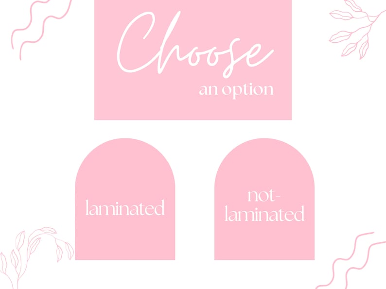 May include: Pink graphic with the text "Choose an option" and two pink arched shapes with the text "laminated" and "not laminated" in white.
