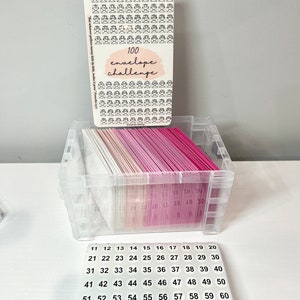 May include: A clear plastic bin filled with pink envelopes and number stickers. A card with the text "100 envelope challenge" is visible. The envelopes are in various shades of pink. The stickers are numbered 11-90.