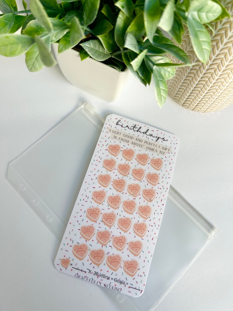 May include: A sheet of stickers with 28 pink heart-shaped cake icons with the text "Happy Birthday" on each. The sheet has a white background with a confetti pattern of pink, blue, and green sprinkles. The text "birthdays" is at the top of the sheet. The text "EVERY GOOD AND PERFECT GIFT IS FROM ABOVE JAMES 1:17" is below the icons. The text "X 28 icons = Goals = GRACEFULLY SEEKING" is at the bottom of the sheet.