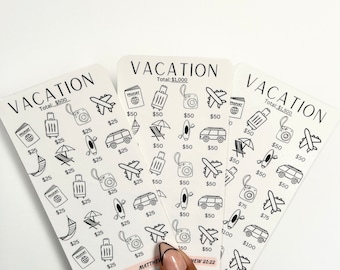 May include: Three white cards with black outlines and text that say "VACATION" with a total amount listed. The cards are filled with black and white illustrations of travel items such as a passport, suitcase, camera, airplane, hammock, beach umbrella, kayak, van, and sunglasses. The text on the cards reads "Total: $500", "Total: $1,000", and "Total: $1,500".
