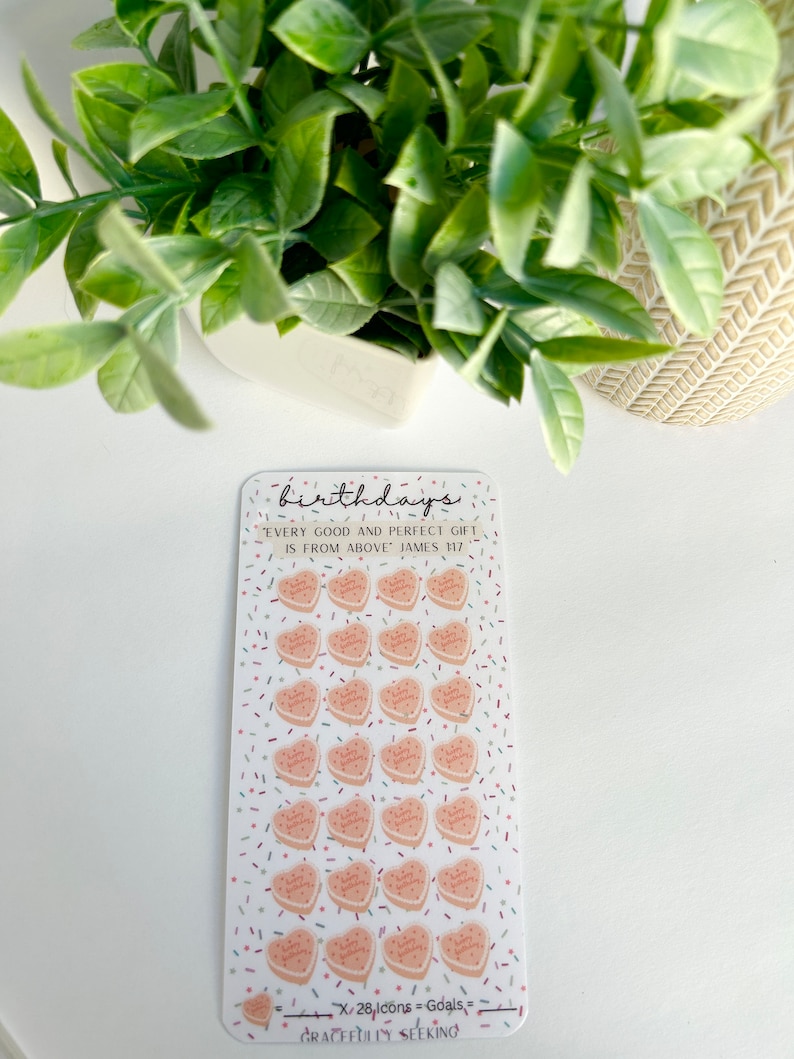 May include: A sheet of 28 pink heart-shaped stickers with the text "Happy Birthday" on each sticker. The stickers are surrounded by colorful confetti. The sheet is labeled "birthdays" and includes the quote "Every good and perfect gift is from above James 1:17".