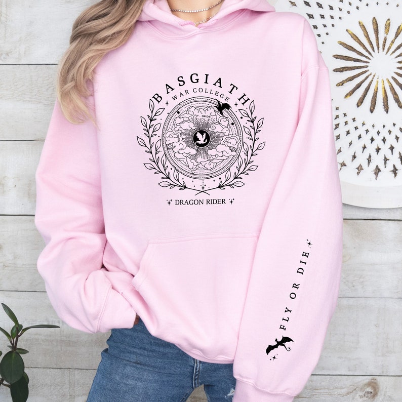 Fourth Wing Sweatshirt, Basgiath War College, Dragon Shirt, Fourth Wing, Dragon Rider Hoodie, Fantasy Gift, Book Gift, Fly or Die, Gift Her Light Pink