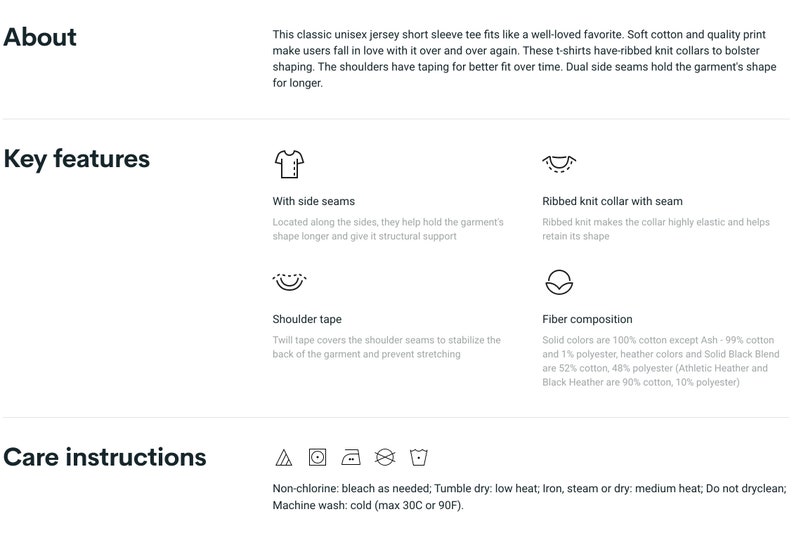 May include: A graphic illustration of a t-shirt with side seams, a ribbed knit collar, and shoulder tape. The text describes the features of the t-shirt, including the fabric composition and care instructions.  Non-chlorine: bleach as needed; Tumble dry: low heat; Iron, steam or dry: medium heat, Do not dryclean; Machine wash: cold (max 30C or 90F).