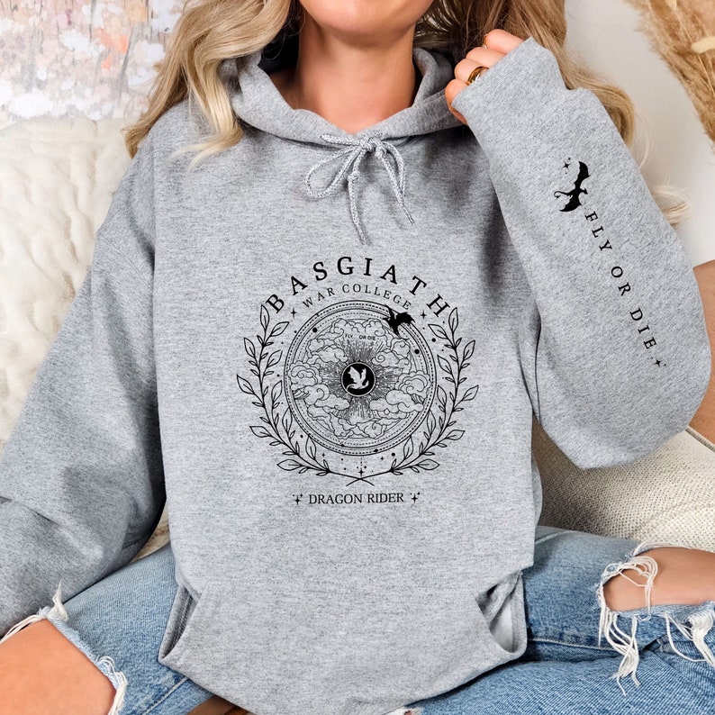 Fourth Wing Sweatshirt, Basgiath War College, Dragon Shirt, Fourth Wing, Dragon Rider Hoodie, Fantasy Gift, Book Gift, Fly or Die, Gift Her Sport Grey