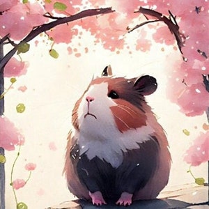 Guinea Pig Watercolor Art Print, Sakura Piggy, Flowers, Painting Wall Art Decor, Original Artwork