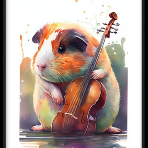 May include: A watercolour painting of a guinea pig playing a cello. The guinea pig is orange and white with black ears and is sitting on a stage with a purple and blue background. The cello is brown and has a light brown bow.